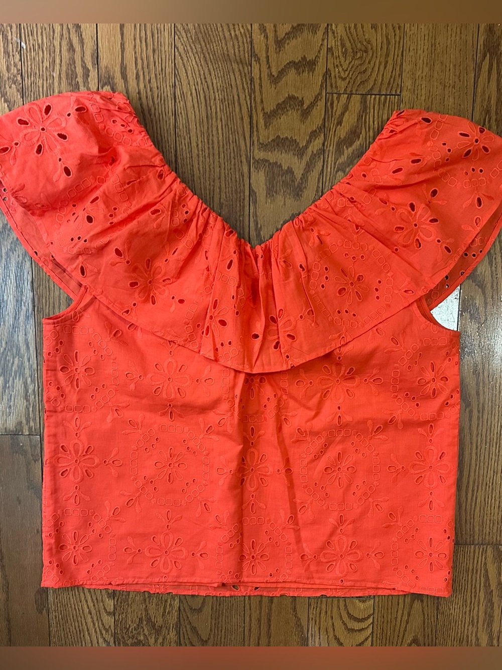 Ann Taylor Red Eyelet Off-Shoulder Ruffle Crop Top